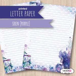 May include: Printed letter paper with a purple mermaid and sea life illustration. The paper has a light blue and purple scale pattern and lined writing space. The text "printed letter paper" and "siren (purple)" is at the top of the page.