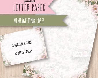 Vintage Pink Roses Printed Letter writing paper, notepaper set, floral stationery, Pen Pal paper, letter writing kit