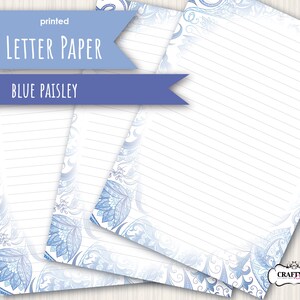 May include: Blue paisley patterned letter paper with lined writing space. The text "printed letter paper blue paisley" is at the top of the image.