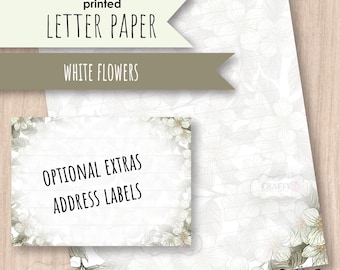 White Flowers Printed Letter writing paper, notepaper set, floral stationery, Pen Pal paper, letter writing kit