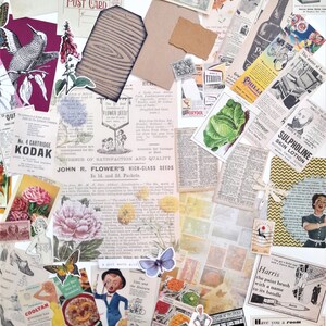 May include: A collage of vintage paper ephemera with a variety of images and text, including a hummingbird, flowers, butterflies, a map, a postcard, a bottle of wine, a typewriter, and a vintage advertisement for Sulpholine Skin Lotion.