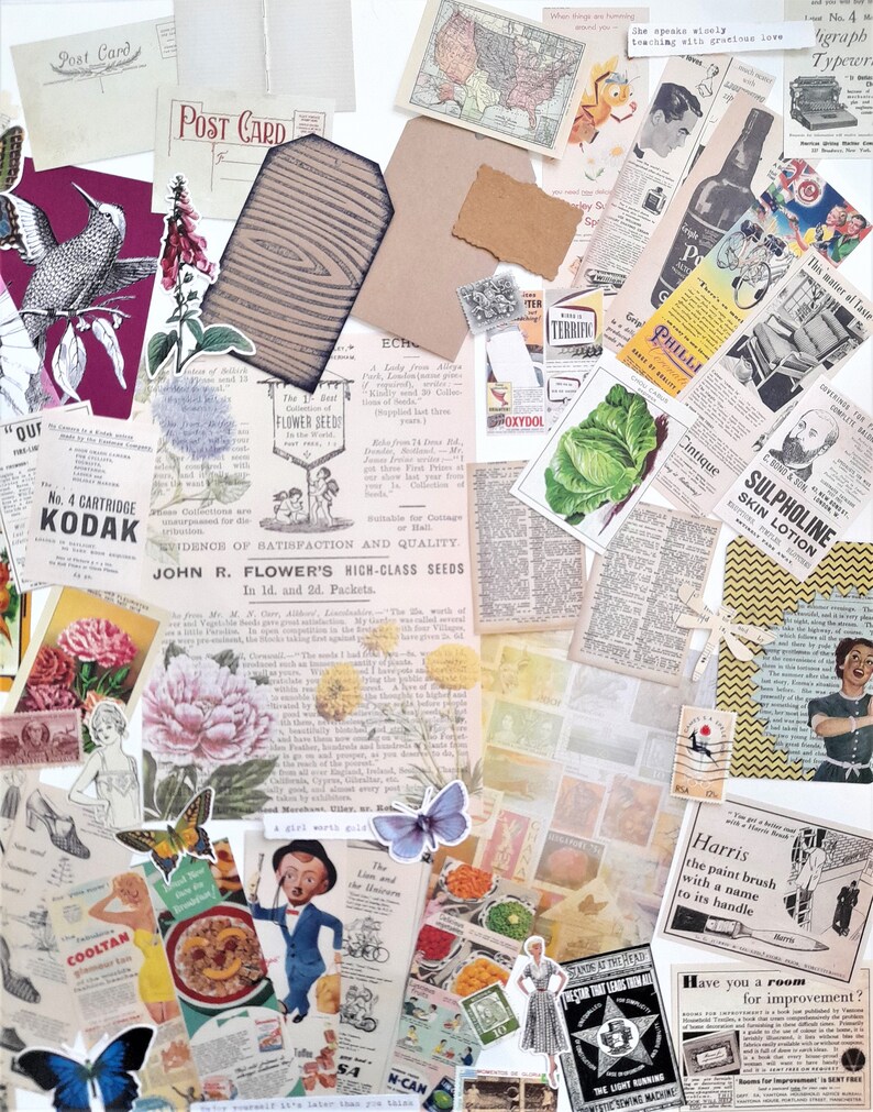 May include: A collage of vintage paper ephemera with a variety of images and text, including a hummingbird, flowers, butterflies, a map, a postcard, a bottle of wine, a typewriter, and a vintage advertisement for Sulpholine Skin Lotion.