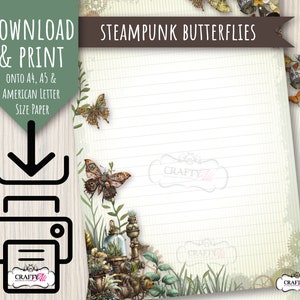 PRINTABLE letter writing notepaper, Steampunk Butterflies, digital notepaper, vintage letter paper, steampunk Stationery, Printable paper