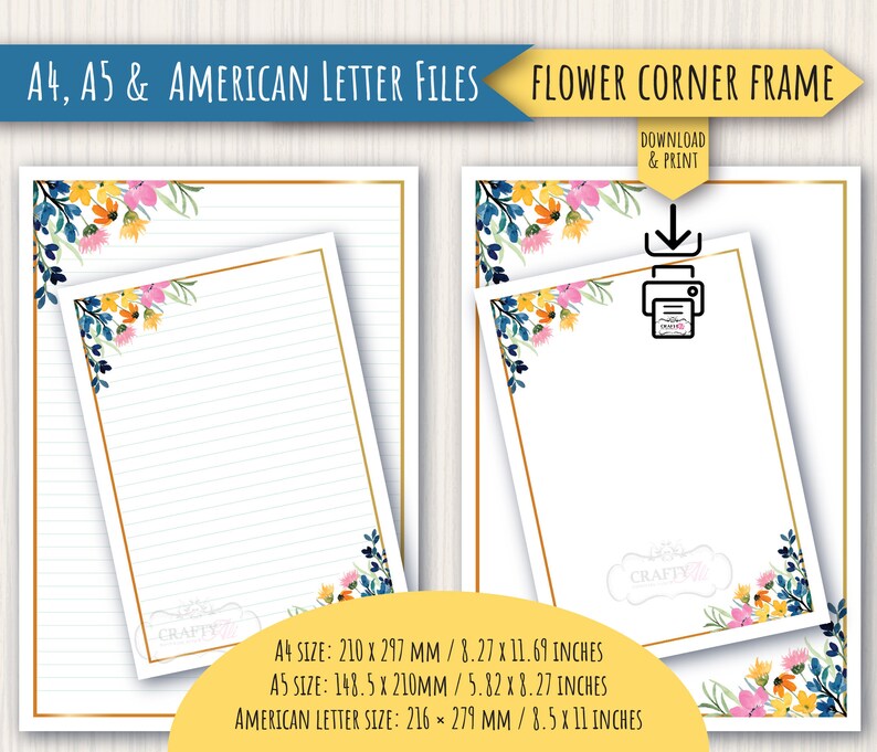 Writing Frame With Border PRINTABLE Letter Writing Notepaper, Flower Corner Frame, Digital Letter ...