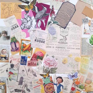May include: A collage of vintage ephemera, including postcards, advertisements, and illustrations. The collage features a variety of colors and designs, including butterflies, flowers, and birds. The text in the collage includes the words "Post Card", "Kodak", "The Best Collection of Flower Seeds", and "John R. Flower's High-Class Seeds".