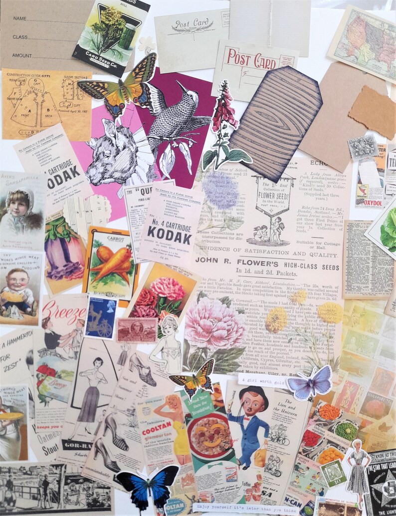 May include: A collage of vintage ephemera, including postcards, advertisements, and illustrations. The collage features a variety of colors and designs, including butterflies, flowers, and birds. The text in the collage includes the words "Post Card", "Kodak", "The Best Collection of Flower Seeds", and "John R. Flower's High-Class Seeds".