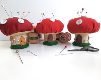 Handmade pin cushion in the shape of a toadstool mushroom, cute needle box addition