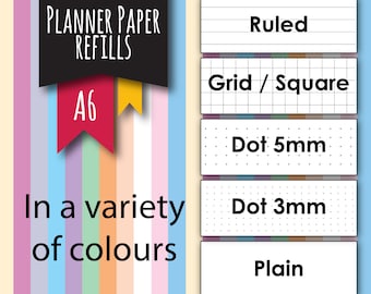 A6 Size Planner Paper Refills, 40 sheets for 6 ring planners, planner paper, refill paper, coloured planner paper, grid paper, lined paper