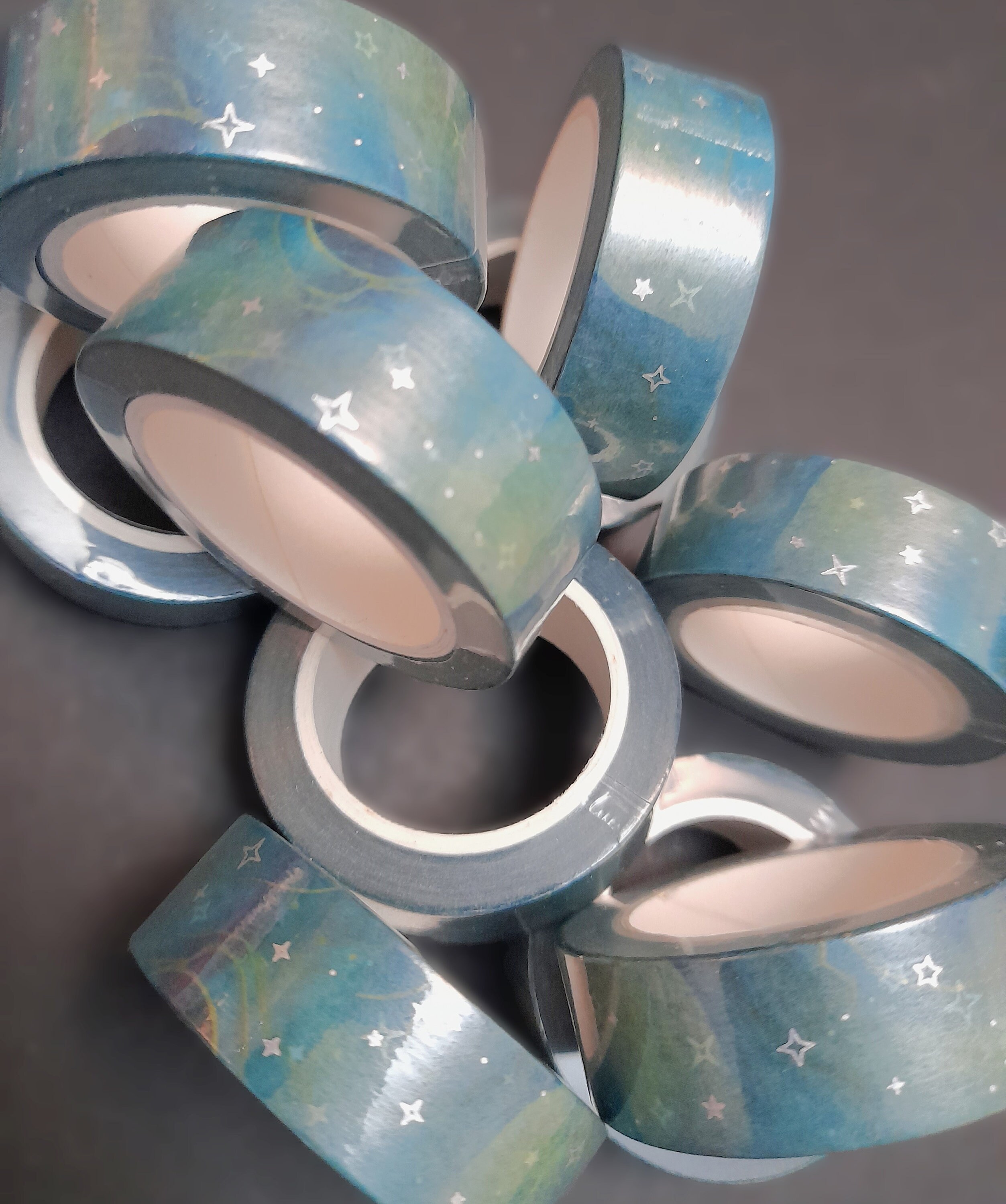 Dark Green and Blue with Stars, silver foiled Washi Tape, printed masking tape, night sky washi tape, celestial washi, green washi tape