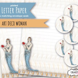 Art Deco Printed Letter writing paper & stickers set, notepaper set, Art deco woman design, handmade stationery for personal correspondence