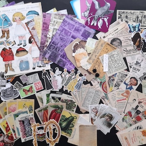 May include: A collection of vintage paper ephemera, including illustrations, text, and photographs. The ephemera features a variety of subjects, including butterflies, flowers, and people. The ephemera is perfect for scrapbooking, card making, and other craft projects.