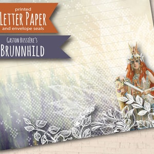 May include: Printed letter paper with a vintage design featuring a woman in a crown holding a sword. The paper has a light brown background with white lines and a subtle pattern of dots. The text "printed LETTER PAPER and envelope seals" is at the top of the page, and the text "GASTON BUSSIERE'S BRUNNHILD" is at the bottom.