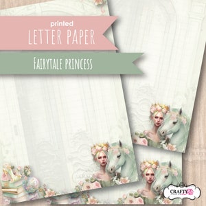 May include: Printable letter paper featuring a fairytale princess with a white horse. The paper has a light green and white background with a delicate floral design. The text "printed letter paper fairytale princess" is at the top of the page.