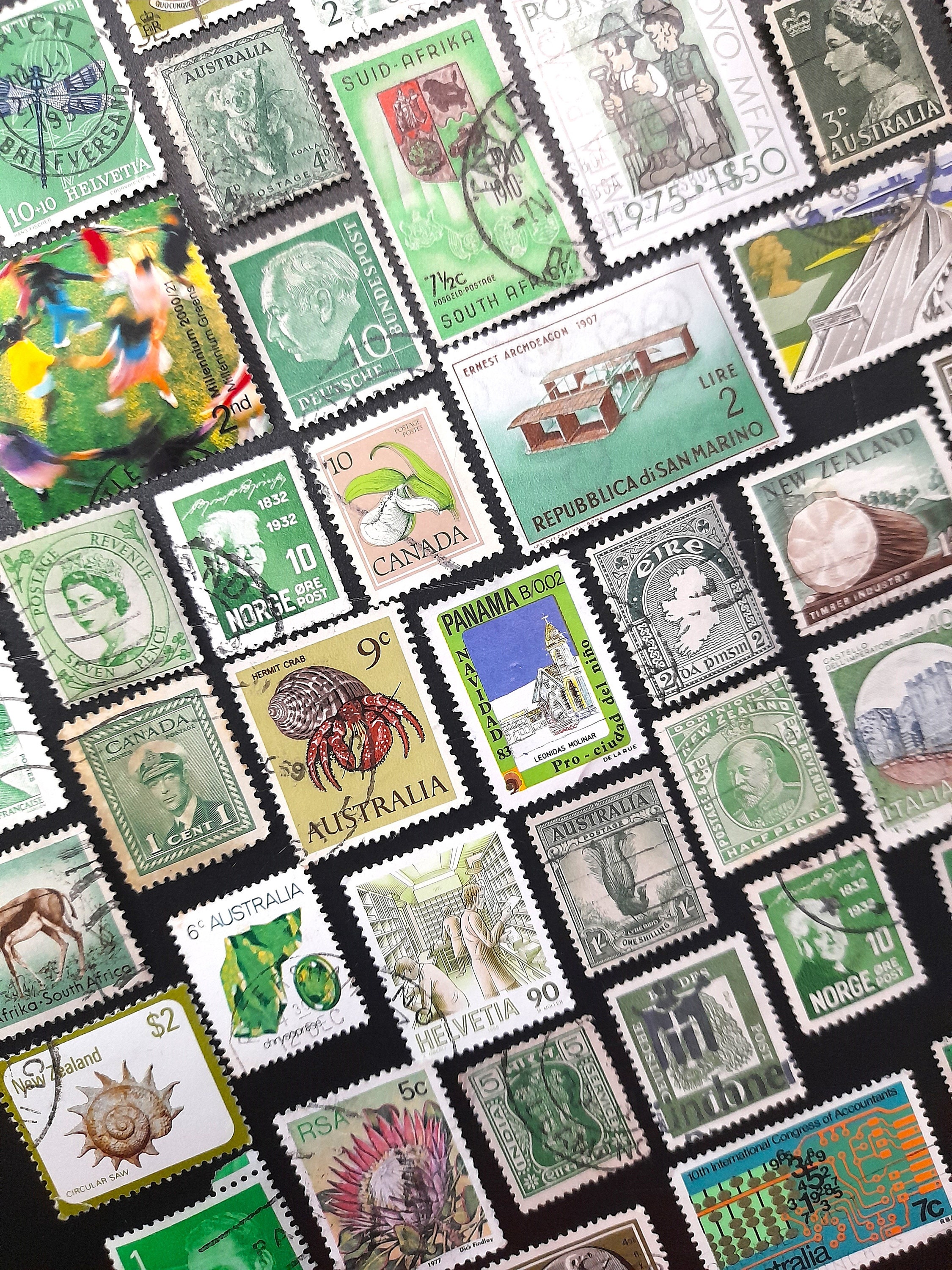 Old Postage Stamps, Green International Postage Stamps off Paper