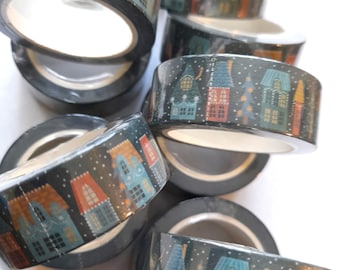 Winter Houses Washi Tape, printed masking tape, buildings washi tape, Christmas washi tape, street scene washi tape
