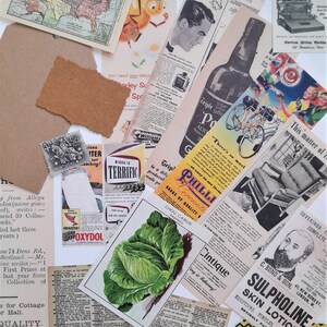 May include: A collage of vintage paper ephemera, including a map of the United States, a newspaper clipping about a cabbage variety, a vintage advertisement for a skin lotion, and a vintage advertisement for a typewriter. The collage is on a white background.