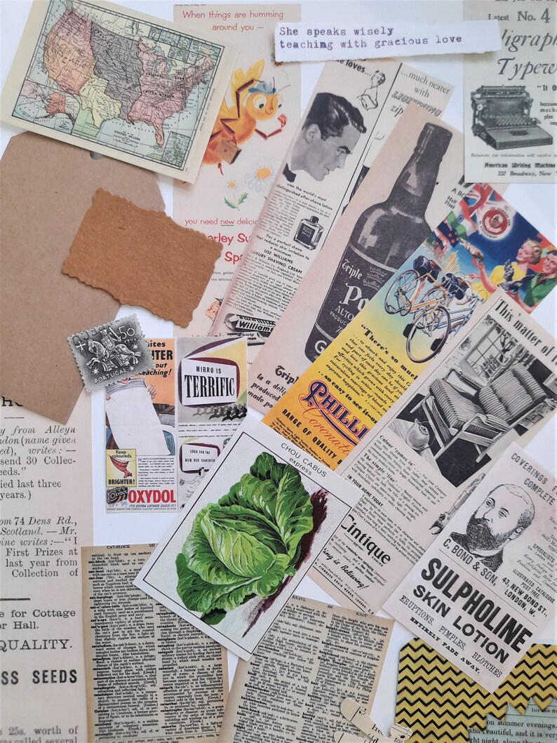 May include: A collage of vintage paper ephemera, including a map of the United States, a newspaper clipping about a cabbage variety, a vintage advertisement for a skin lotion, and a vintage advertisement for a typewriter. The collage is on a white background.