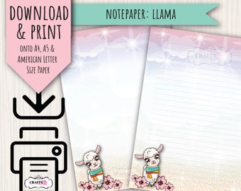 PRINTABLE letter writing notepaper, Llama Alpaca, digital letter writing paper, notepaper to download and print