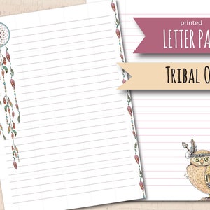 May include: Printable letter paper with a tribal owl design. The paper has pink lines and a border of feathers and beads. The text "printed letter paper" and "tribal owl" is included in the image.