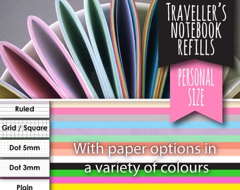 May include: A variety of colorful notebook refills for a traveler's notebook in personal size. The refills include ruled, grid, dot 5mm, dot 3mm, and plain paper options.