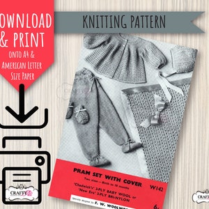 May include: A vintage knitting pattern for a baby pram set with a cover. The pattern includes instructions for a jacket, pants, booties, and a blanket. The pattern is for sizes birth to 18 months and calls for "Chadwick's 3-PLY BABY WOOL or 'New Era 3-PLY BRI-NYLON". The pattern number is W142.