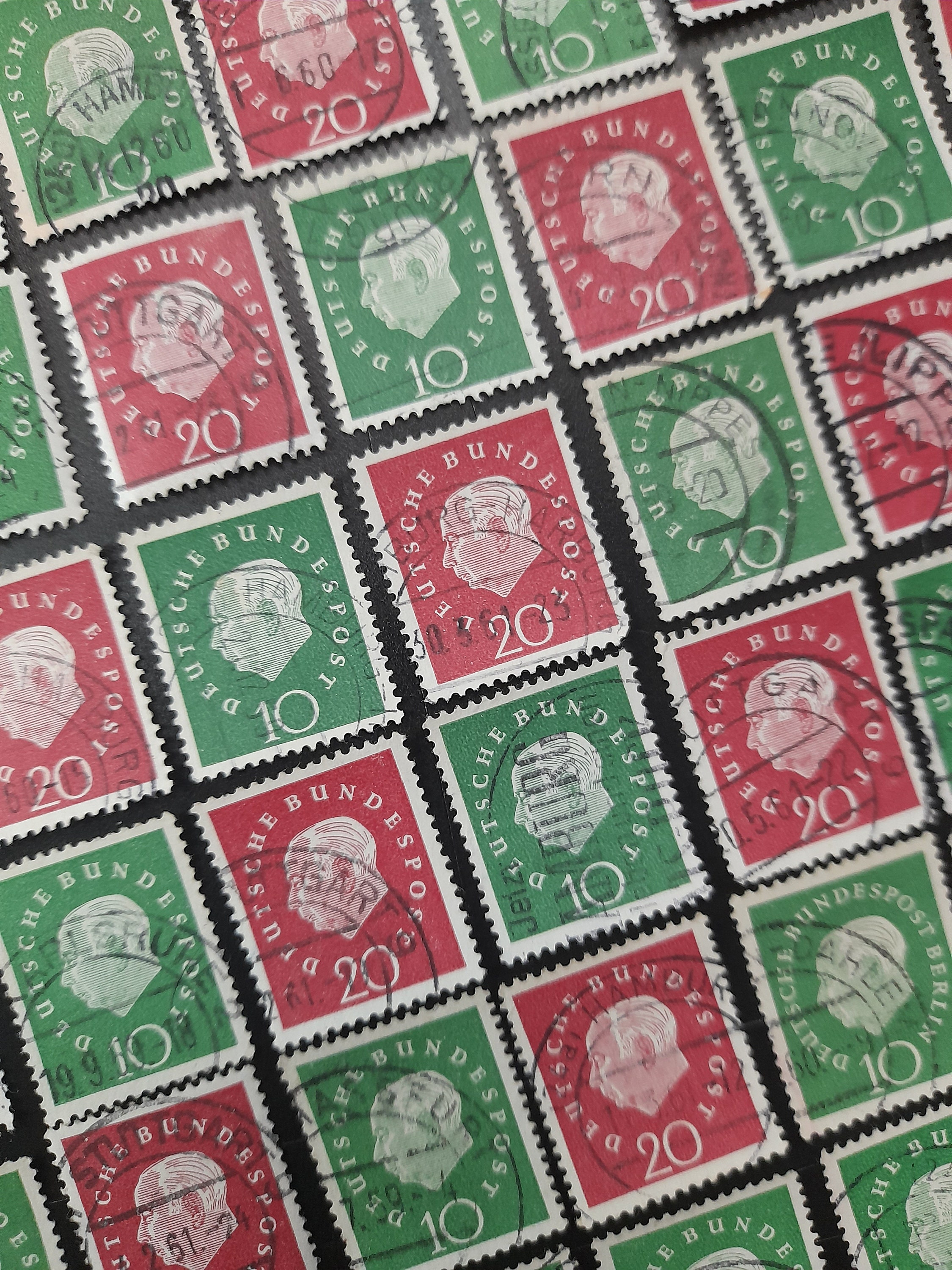 Old Stamps, Germany, 1950's pre-decimal, clear post marks, face value 10 & 20 German pfennig, pack of 42, stamp collecting, philately