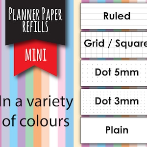 May include: An image advertising mini planner paper refills. The text reads "Planner Paper Refills MINI" and "In a variety of colours." Examples of paper styles are shown: Ruled, Grid/Square, Dot 5mm, Dot 3mm, and Plain, all in a range of colours.