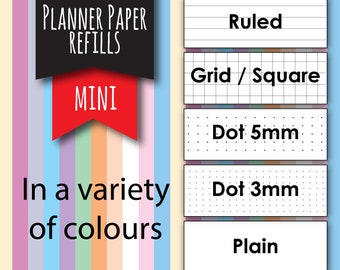 Mini Size Planner Paper Refills, 40 sheets for 5 ring planners, planner paper, refill paper, coloured planner paper, grid paper, lined paper