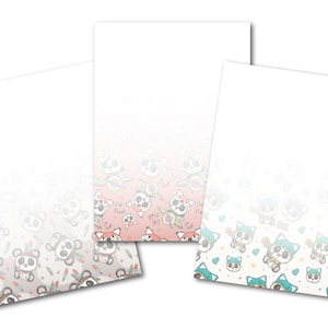May include: Three blank note cards with a faded pattern of cute panda bears wearing different hats and accessories. The top card has a pink and white pattern, the middle card has a light blue and white pattern, and the bottom card has a brown and white pattern.