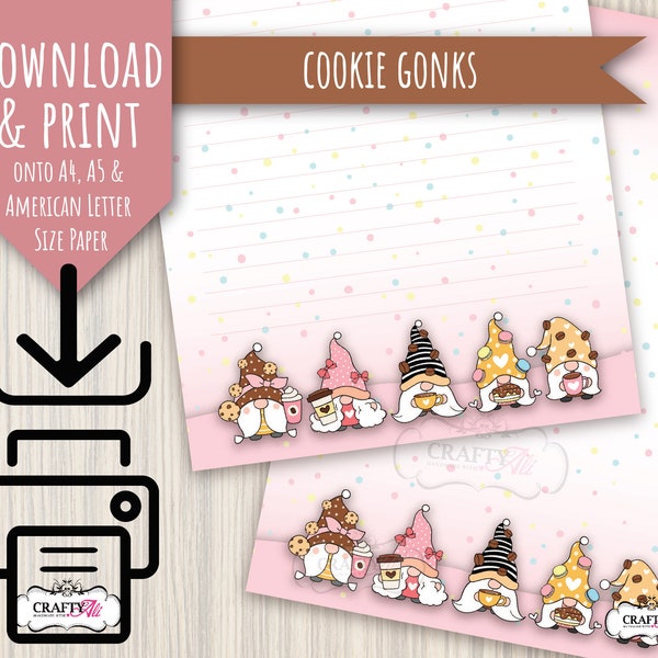PRINTABLE letter writing notepaper, Cookie Gonks, Coffee Gnomes, digital letter writing paper, notepaper to download and print