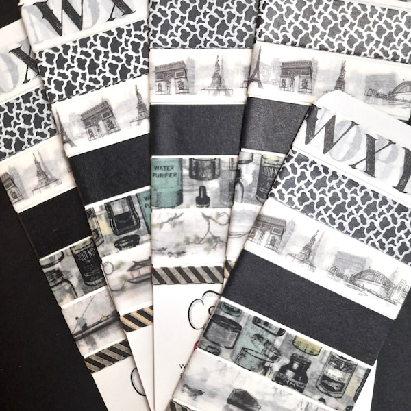 Monochrome black & white theme washi tape samples on reusable card, 50cm of each design, with extra blank card, printed masking tape