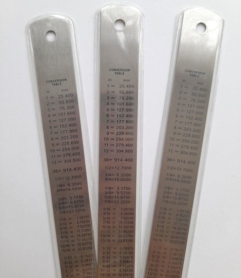 May include: Three silver rulers with conversion tables for inches to millimetres. The tables include whole numbers, fractions, and decimal equivalents.
