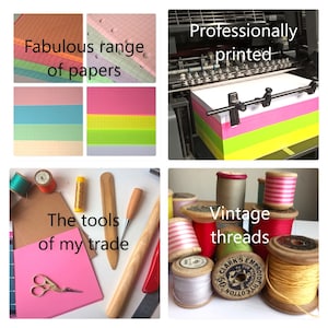 May include: A collage of four images showcasing the tools and materials used in paper crafting. The top left image shows a stack of colorful papers with the text "Fabulous range of papers". The top right image shows a printing press with a stack of colorful papers with the text "Professionally printed". The bottom left image shows a variety of tools used in paper crafting, including scissors, a wooden rolling pin, and a bone folder. The text "The tools of my trade" is written on a pink piece of paper. The bottom right image shows a collection of vintage spools of thread in various colors with the text "Vintage threads".