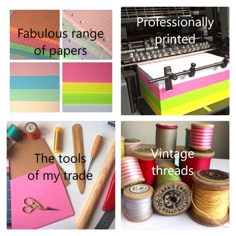 May include: A collage of four images showcasing the tools and materials used in paper crafting. The top left image shows a stack of colorful papers with the text "Fabulous range of papers". The top right image shows a printing press with a stack of colorful papers with the text "Professionally printed". The bottom left image shows a variety of tools used in paper crafting, including scissors, a wooden rolling pin, and a bone folder. The text "The tools of my trade" is written on a pink piece of paper. The bottom right image shows a collection of vintage spools of thread in various colors with the text "Vintage threads".