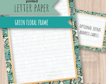 Green Floral Frame Printed Letter writing paper, notepaper set, floral stationery, Pen Pal paper, letter writing kit