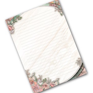 May include: A lined sheet of paper with a floral border. The border features pink and white roses, green leaves, and a light blue background.