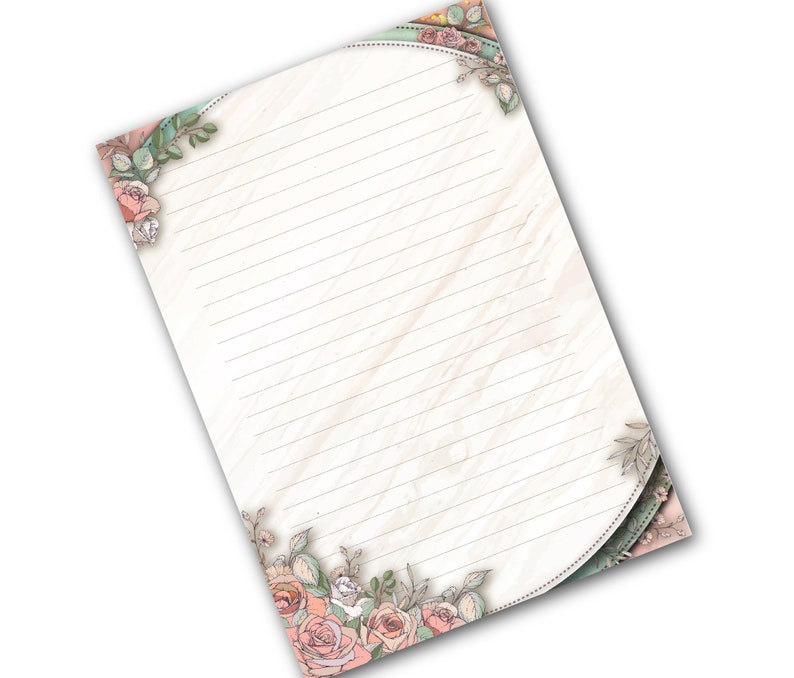 May include: A lined sheet of paper with a floral border. The border features pink and white roses, green leaves, and a light blue background.