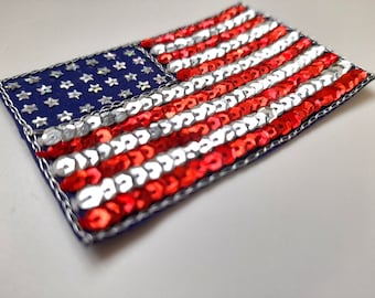 USA Flag sew on sequinned patch, American flag, sew on badge, stars and stripes, star spangled banner, 7.5 x 4.5cm