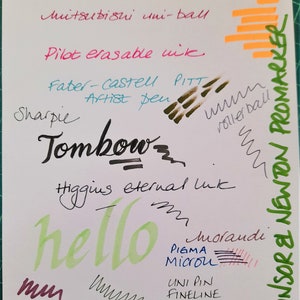 May include: A white sheet of paper with different colored ink samples from various brands, including Faber-Castell, Sharpie, Pilot, Tombow, Uni-ball, and Pigma. The text "FINELINER (STAEDTLER)" is written at the top of the page. The text "WINSOR & NEWTON PROMARKER" is written vertically on the right side of the page.
