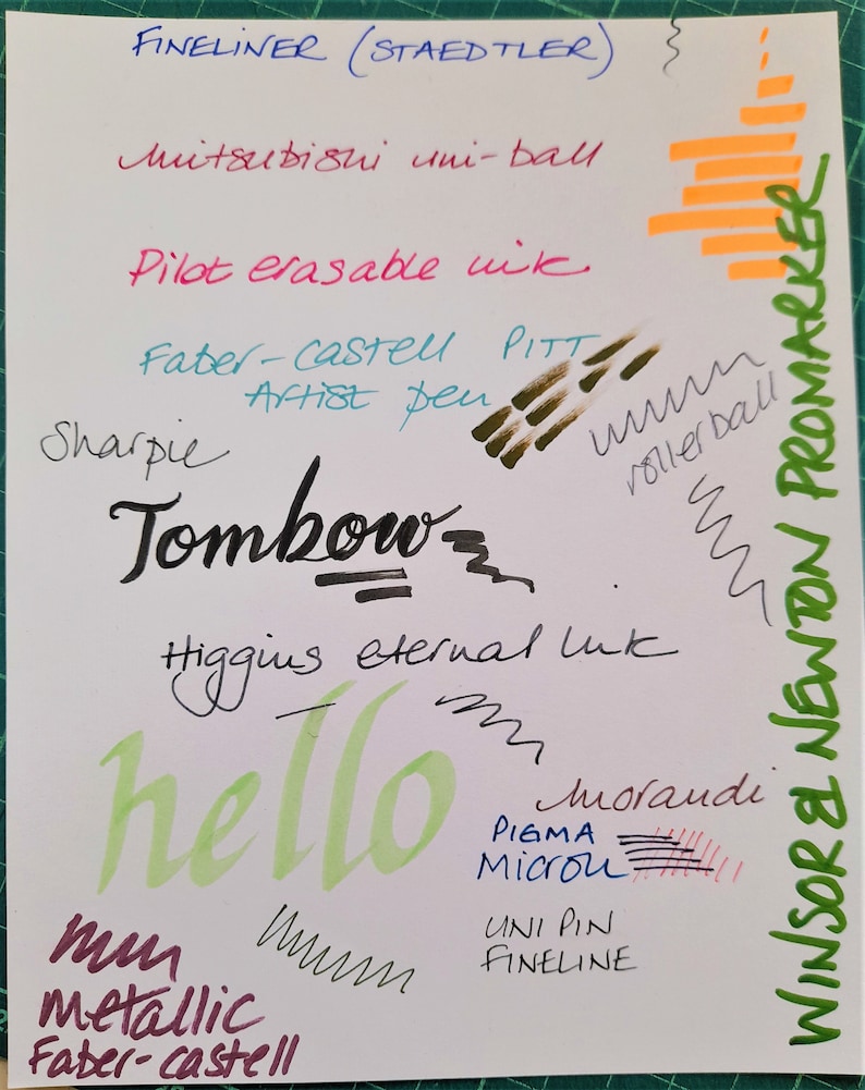May include: A white sheet of paper with different colored ink samples from various brands, including Faber-Castell, Sharpie, Pilot, Tombow, Uni-ball, and Pigma. The text "FINELINER (STAEDTLER)" is written at the top of the page. The text "WINSOR & NEWTON PROMARKER" is written vertically on the right side of the page.