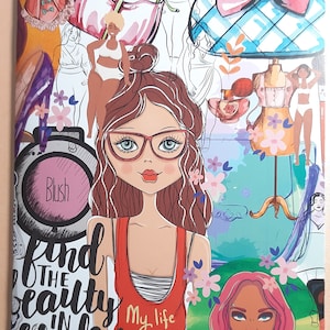 May include: A colourful illustration of a woman wearing glasses and a red tank top that says "My life my rules". The background is filled with various images of clothing, flowers, and other objects.