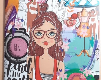 May include: A colorful illustration of a woman with glasses and a red tank top that says "My life my rules". The background is filled with various images of clothing, flowers, and other objects.