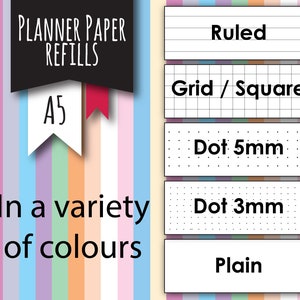 May include: A5 planner paper refills in a variety of colors.  The paper is available in ruled, grid, dot 5mm, dot 3mm, and plain styles.