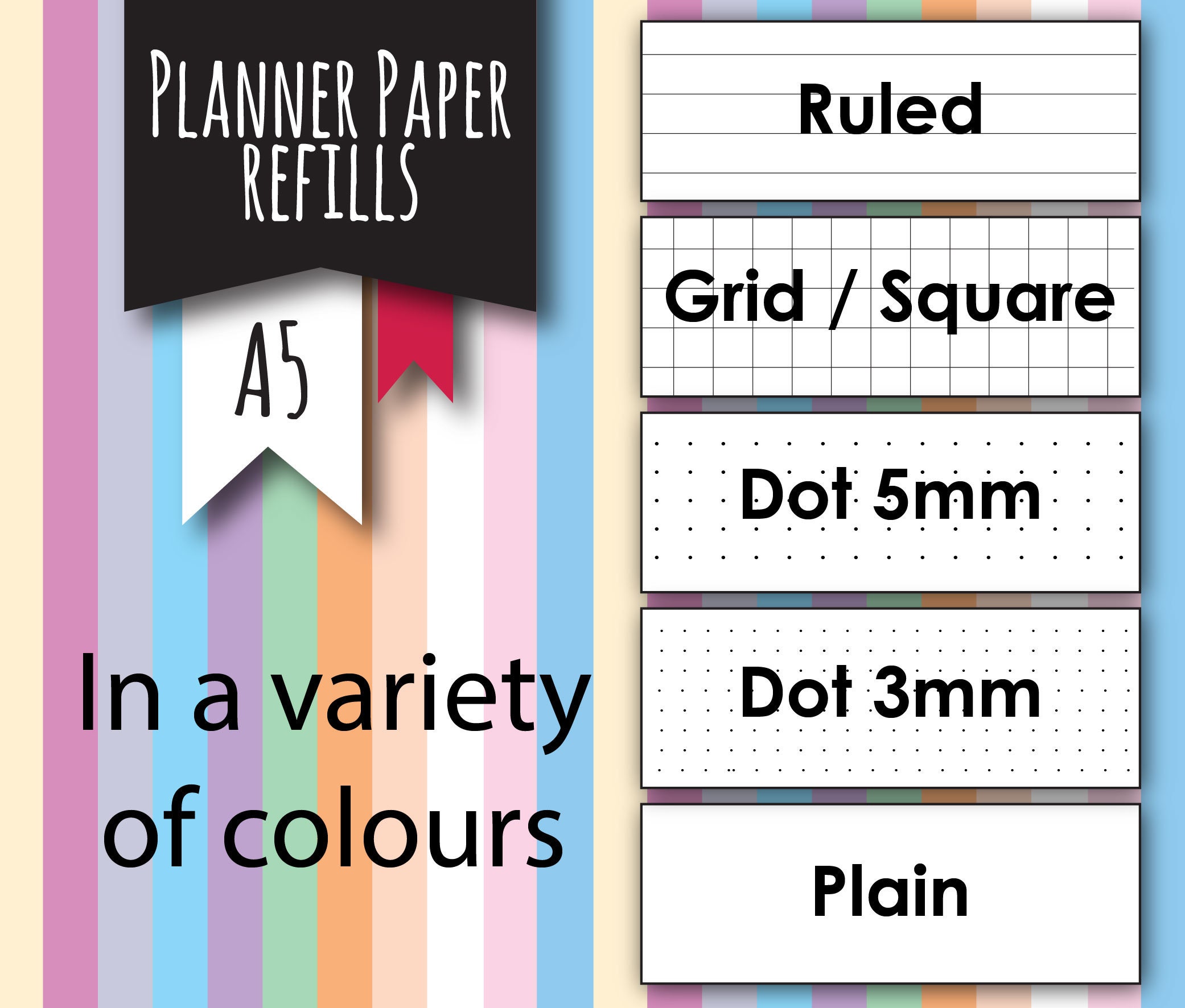 A5 Size Planner Paper Refills, 40 sheets for 6 ring planners, A5 paper, planner paper, refill paper, coloured paper, grid paper, lined paper