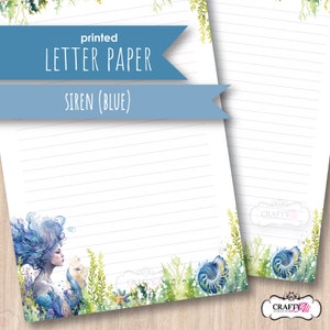 May include: Printed letter paper with a Siren (Blue) theme. The design features a watercolor illustration of a mermaid, seashells, and aquatic plants. The paper has horizontal lines for writing.