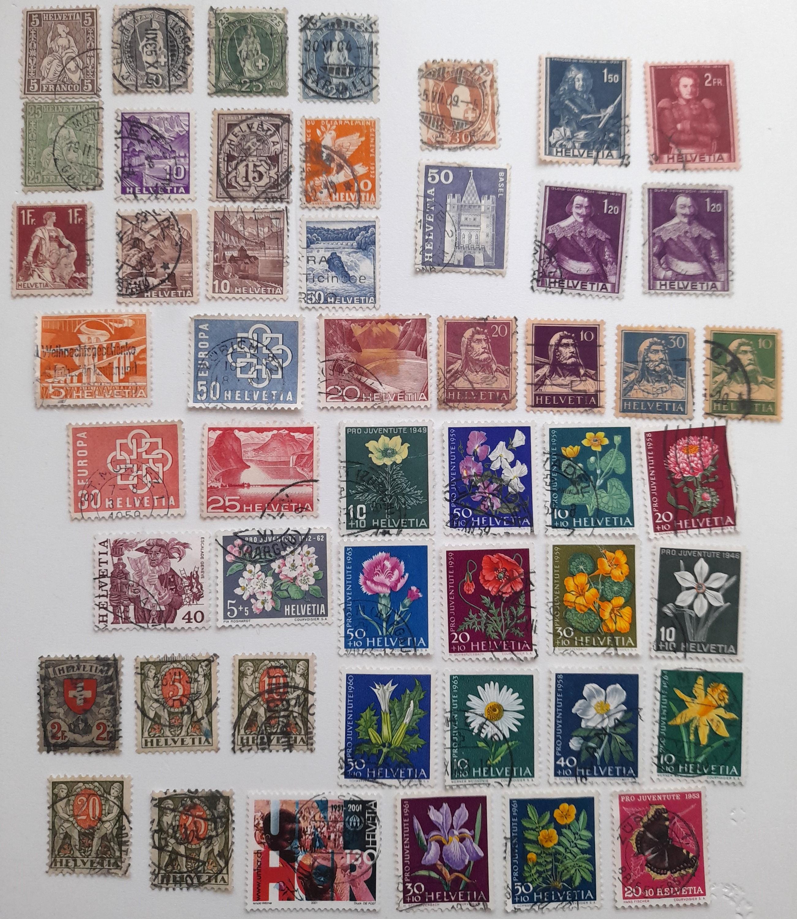 古い切手、スイス、1860年代から2001年までのヴィンテージ x50、切手