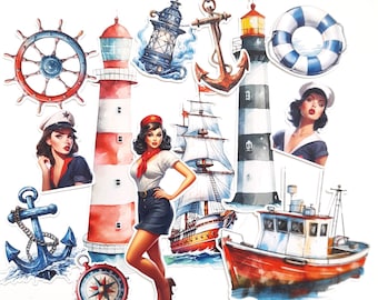 Hello Sailor Nautical Ephemera Die Cut embellishments, junk journal supplies in red, white and blue