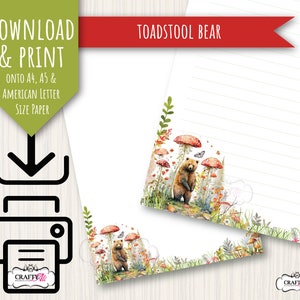 Carta da lettere STAMPABILE, Toadstool Bear, carta da lettere digitale, carta da lettere da scaricare e stampare, carta da lettere con animali del bosco