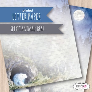 May include: Lined letter paper featuring a printed illustration of a white bear emerging from a cave in a misty forest. The design includes a full moon in the upper corner and text overlays reading PRINTED LETTER PAPER and SPIRIT ANIMAL: BEAR.