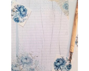 Blue flowers pattern Printed Letter writing - notepaper set - penpal stationery - planner paper